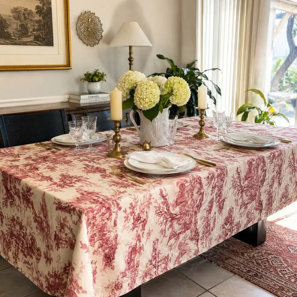 Williams Sonoma Italian Toile Tablecloth 68x126 Red Cream Cotton Made Italy